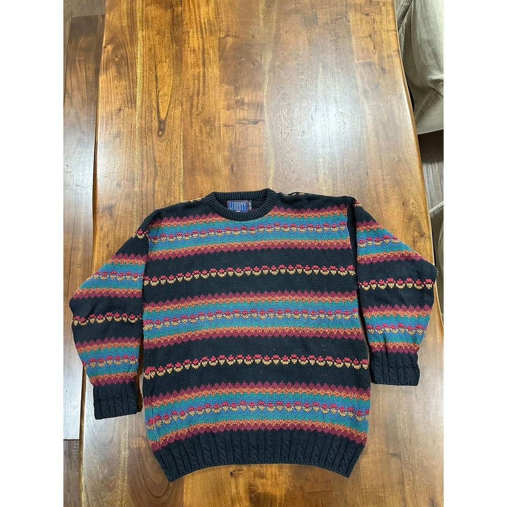 Liberty Knit Sweater Mens Large Vintage Made in USA 100% Cotton Striped Black L